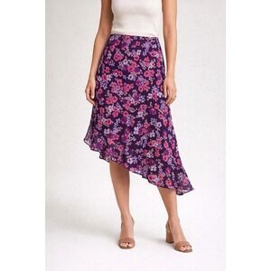 Express Fairy Whimsical Purple Floral Ruffle Asymmetric Hem‎ Midi Skirt Size M